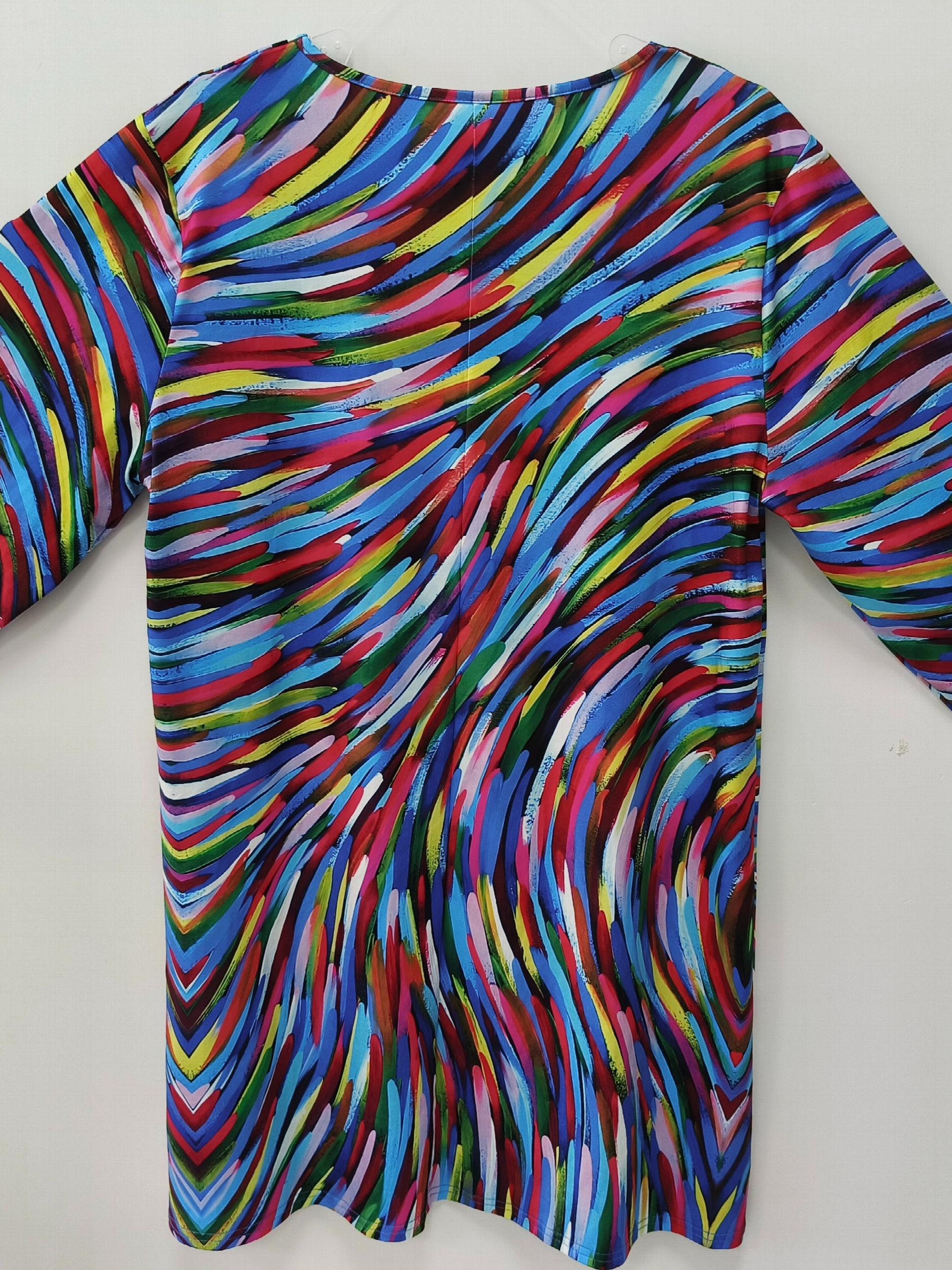  Casual Dress Women's Plus Allover Print Button Decor Long Sleeve