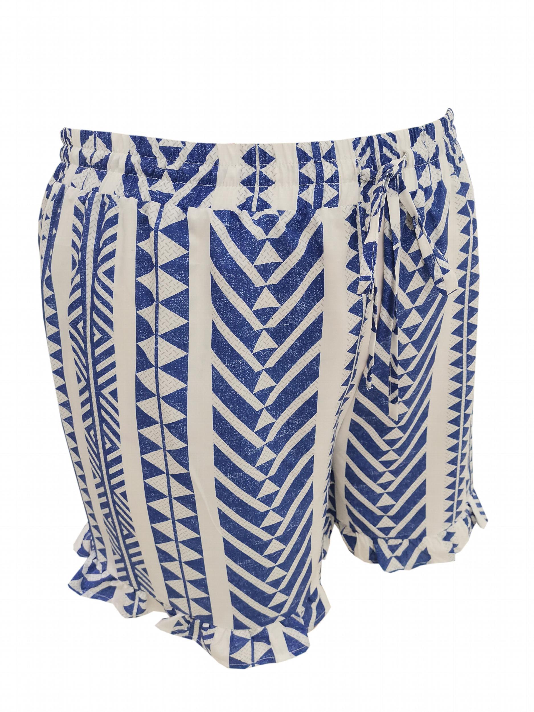  Geometric Print Ruffle Trim Wide Leg Drawstring Shorts
