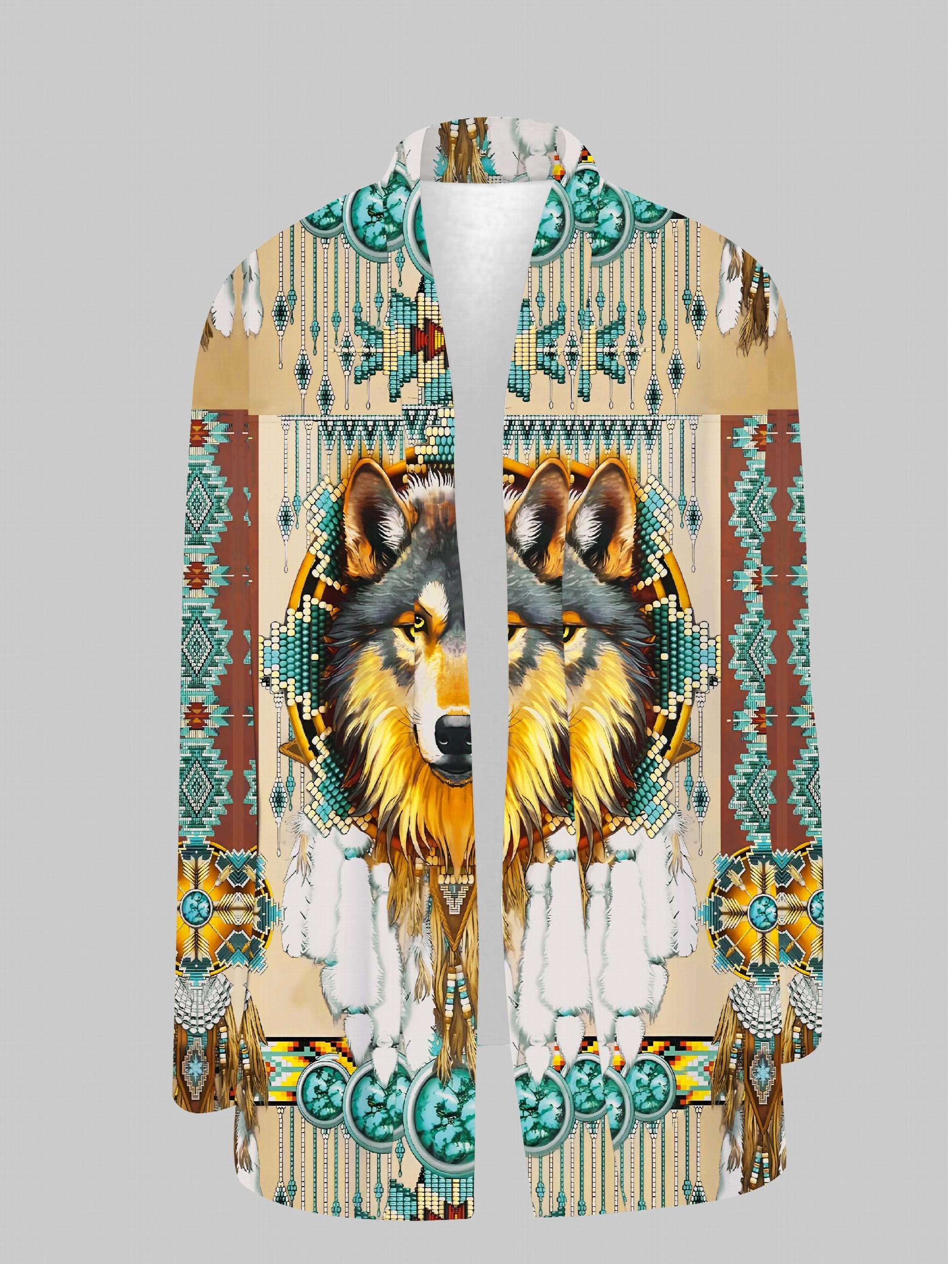 Wolf Print Open Front Cardigan Long Sleeve Outwear