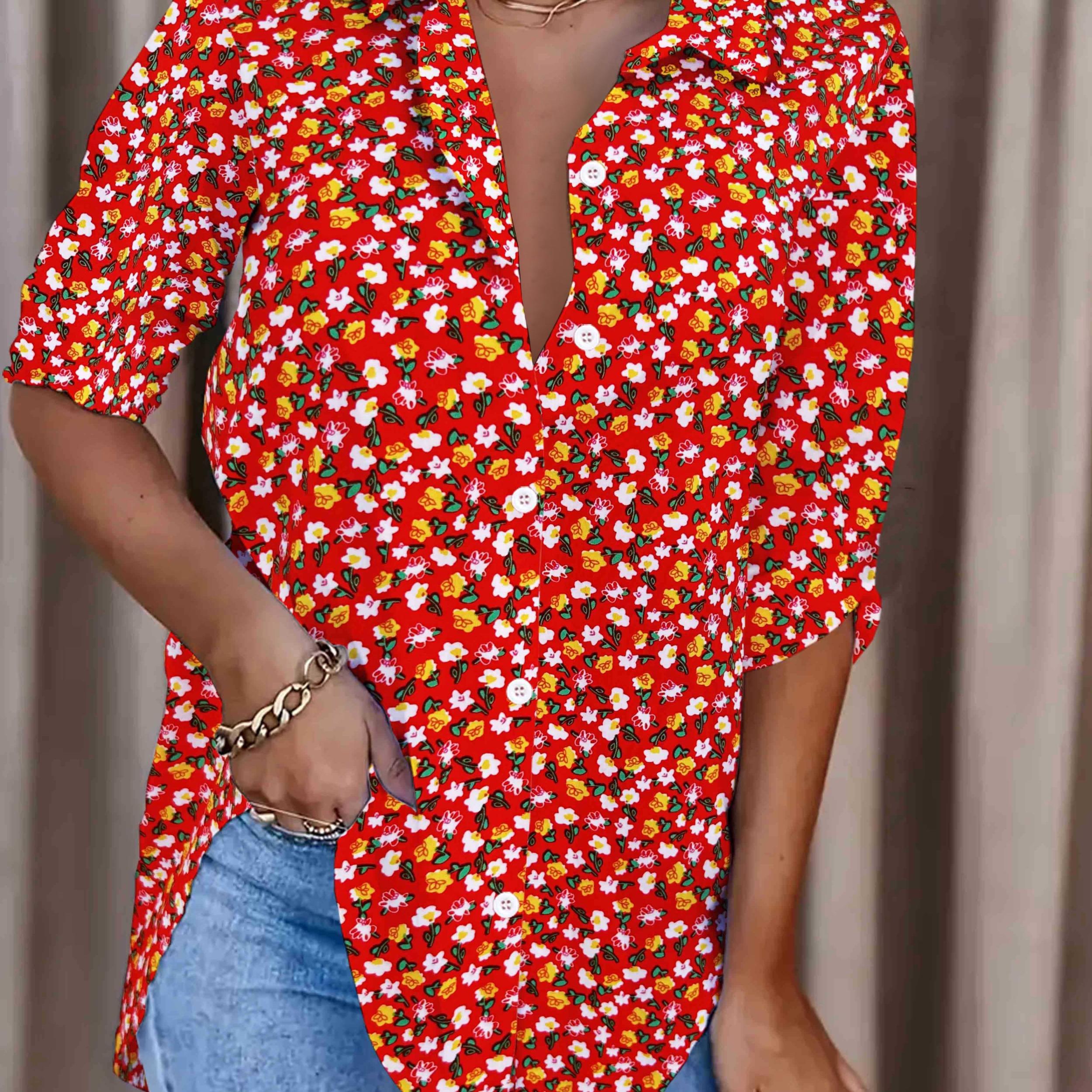 Boho Blouse Plus Size Women's Ditsy Floral Print Long Sleeve Shirt