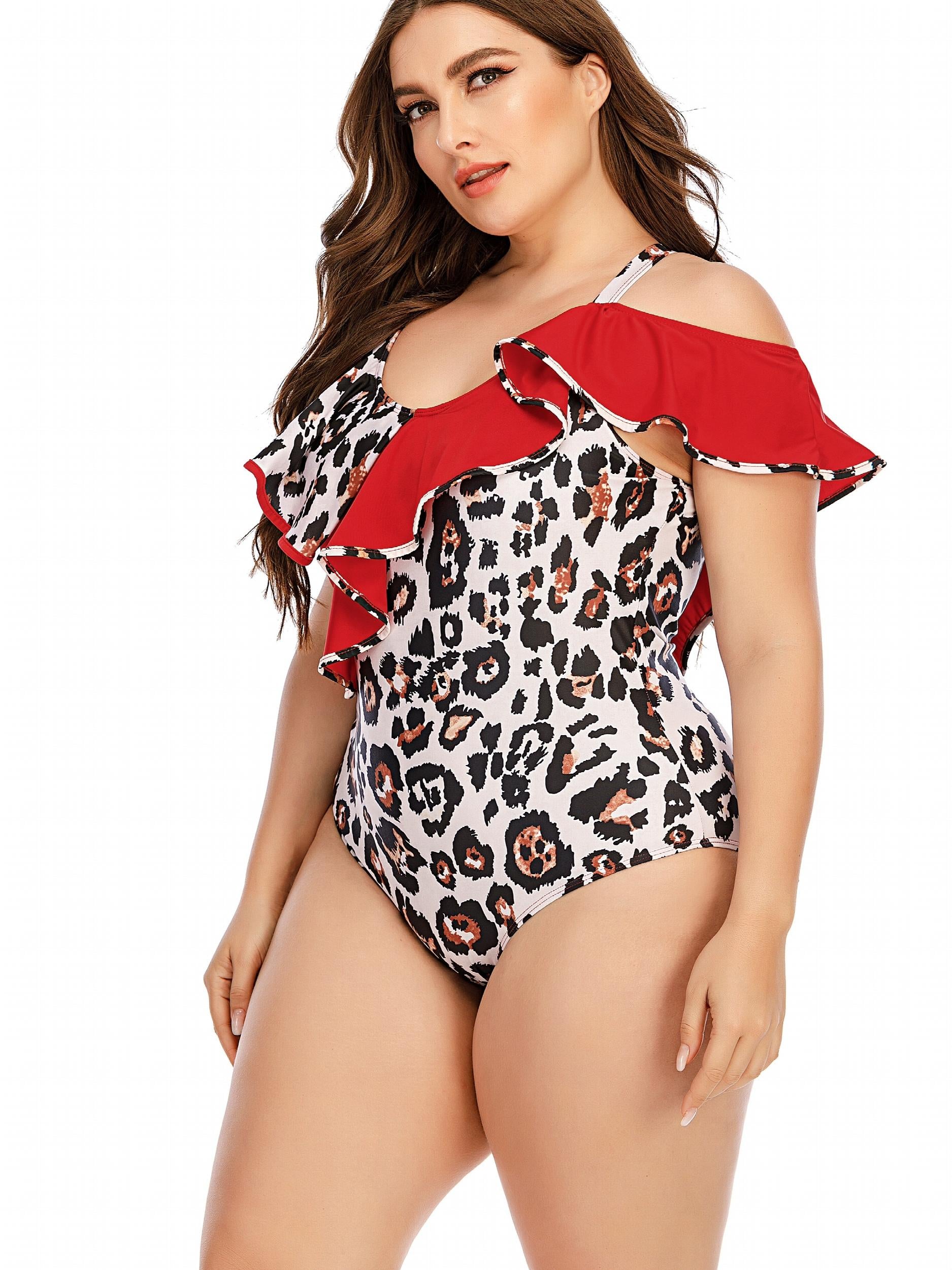  Leopard Print Ruffle One Piece Swimsuit