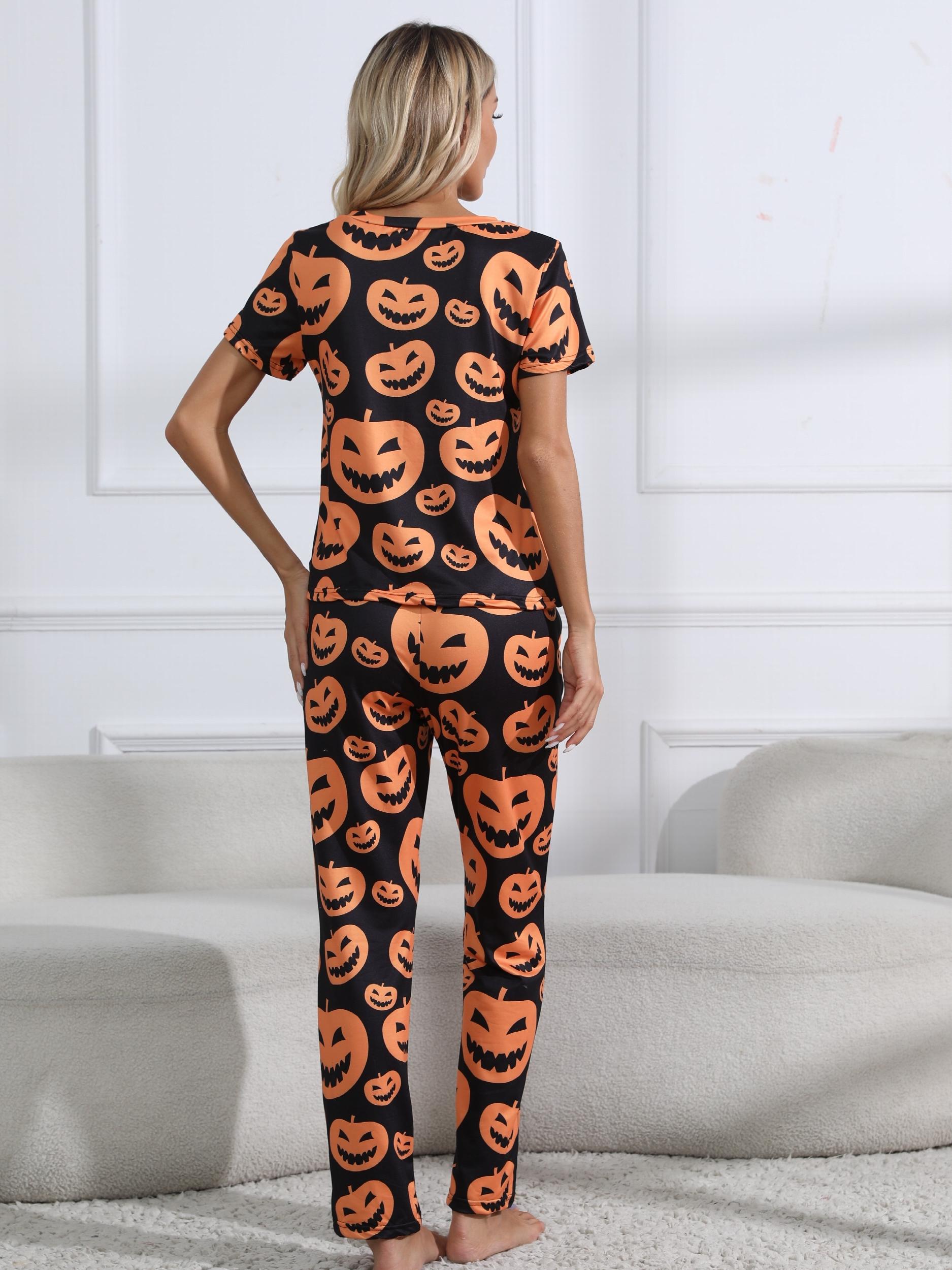  Halloween Pajama Set Women's Pumpkin Print Tee & Pants Lounge Set