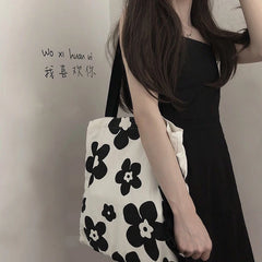 Canvas Flower Pattern Shoulder Bag Casual Tote Handbag