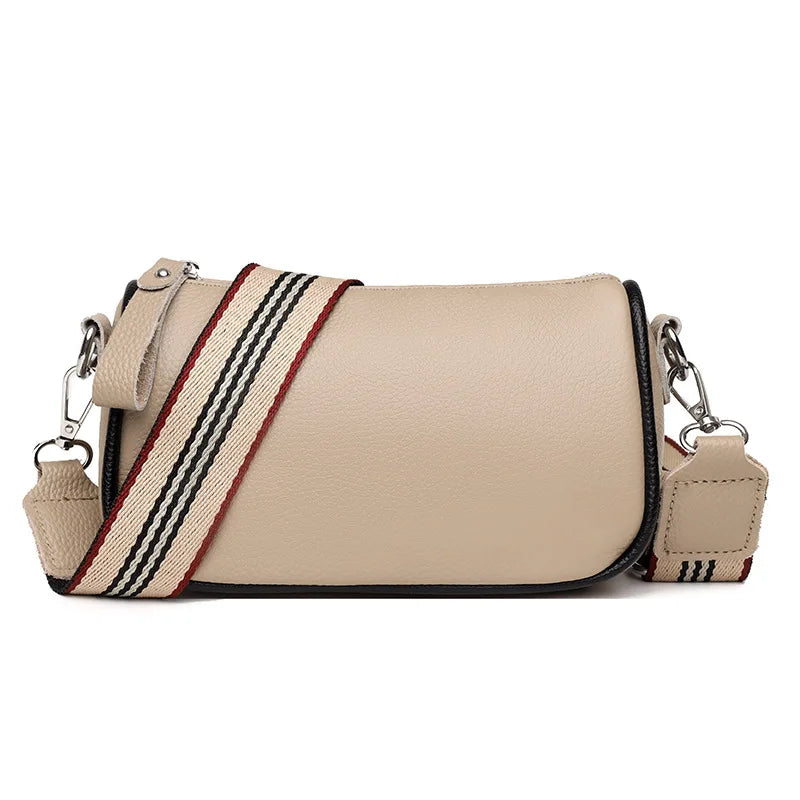 PU Leather & Cowhide Shoulder Bag Wide Strap Messenger