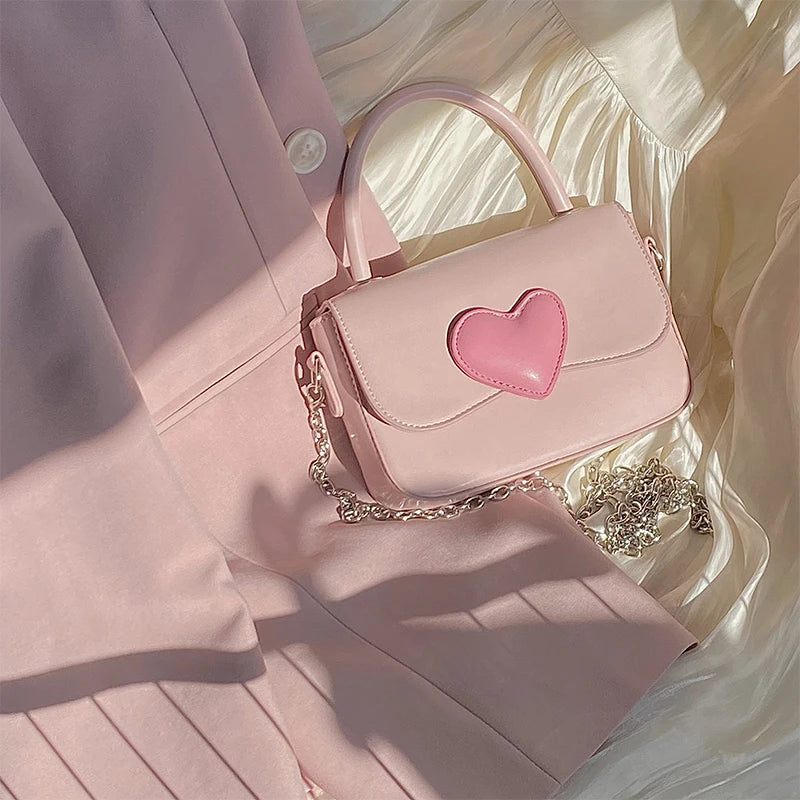 Pink Love Contrast Girl Small Square Bag Hand Chain Messenger Bag