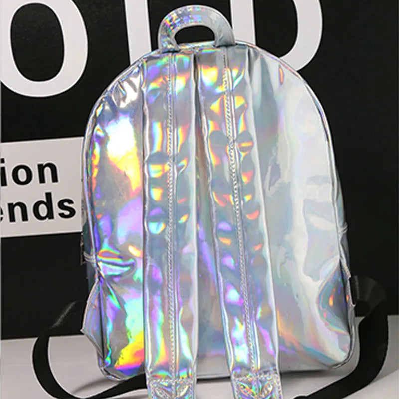 Women Holographic Backpack Silver School Bag Leather