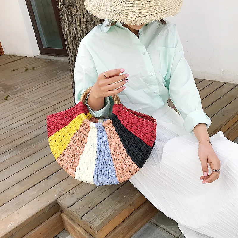 Women Tote Bag Weave Patchwork Beach Bag