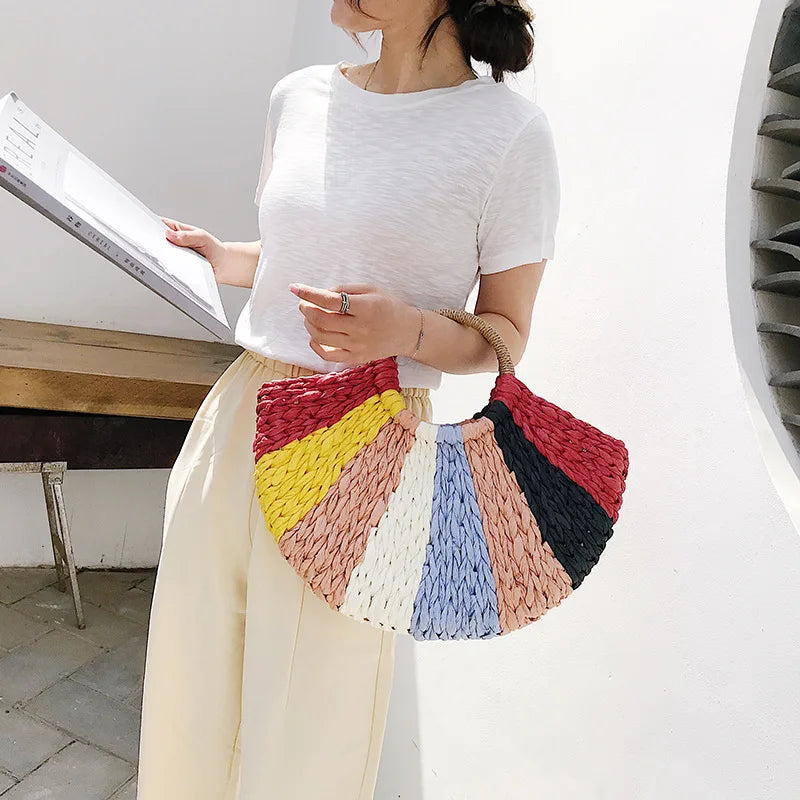 Women Tote Bag Weave Patchwork Beach Bag