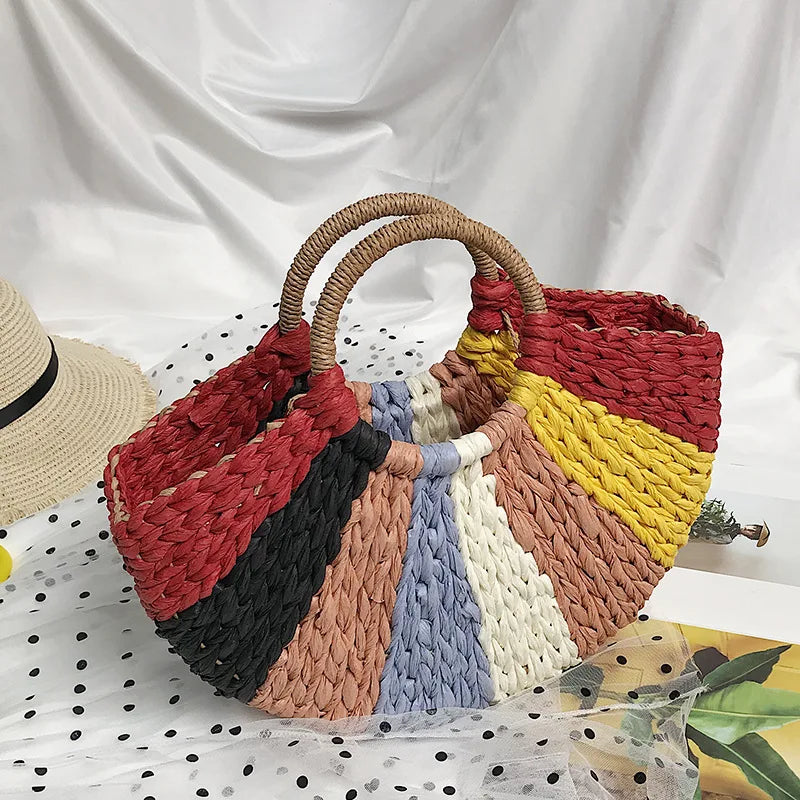 Women Tote Bag Weave Patchwork Beach Bag