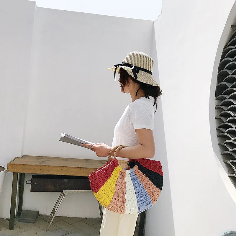 Women Tote Bag Weave Patchwork Beach Bag