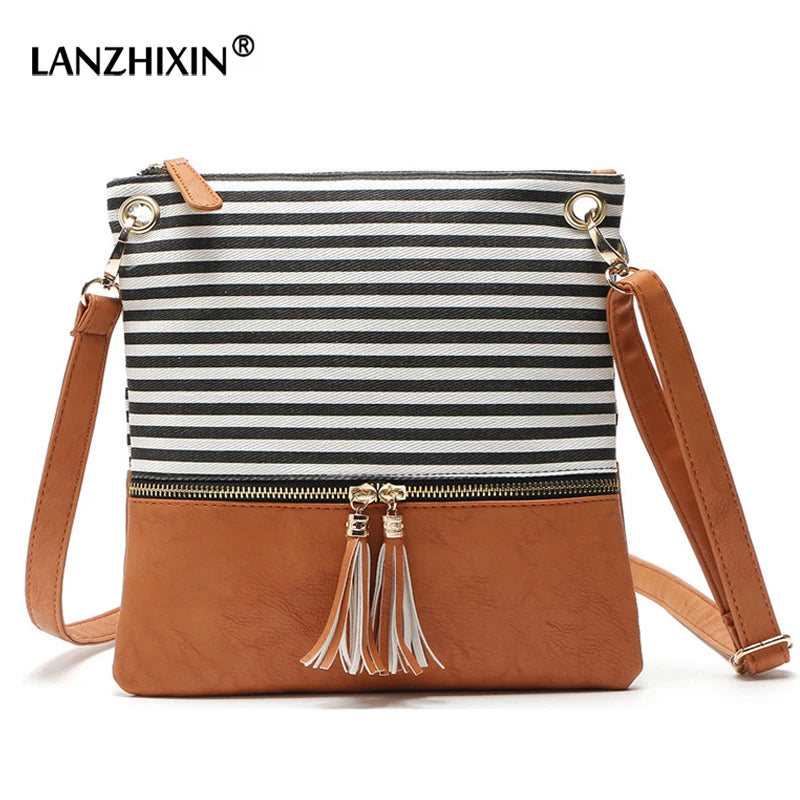 Striped Messenger Bag Tassel Canvas Shoulder Girls Flap