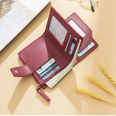 Women's Leather Wallet Short Three Fold Zipper Slim